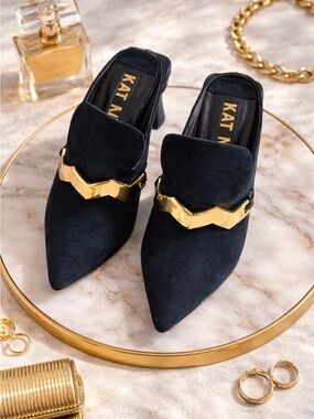 Kat Maconie  Pointed Toe Black Suede Mules with Gold Accent